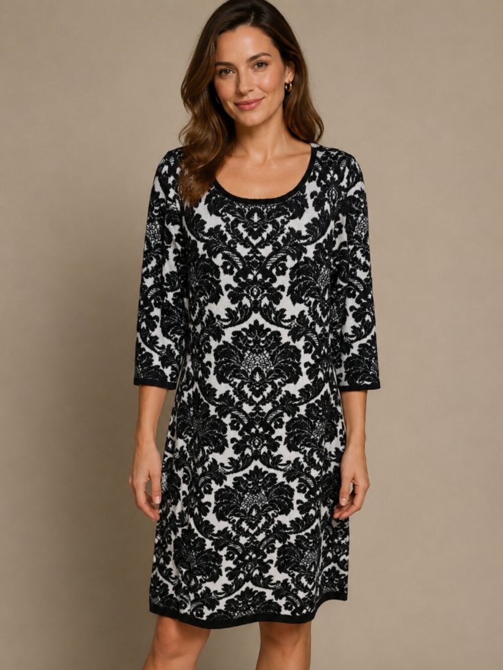 Liz Claiborne Black White Damask Print Sweater Dress